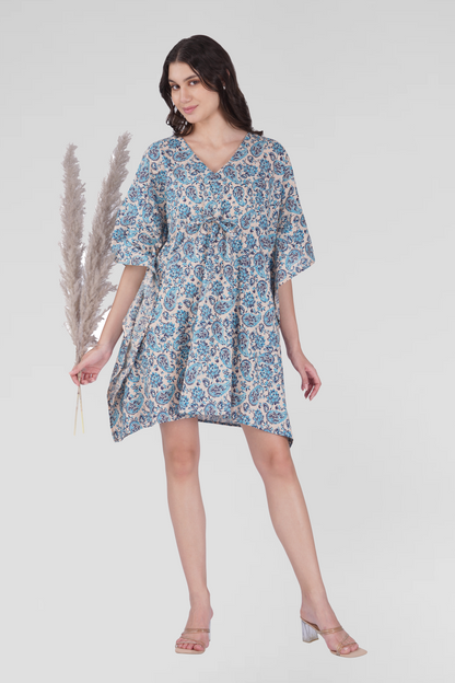 Baby Blue Cotton Printed Kaftan Top