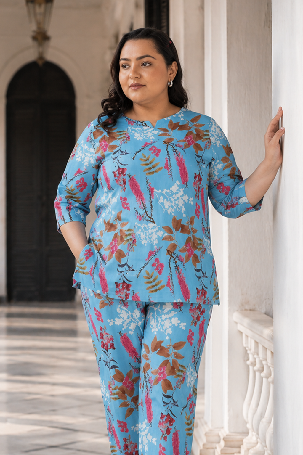 Baby Blue Plus Size Cotton Printed Pyjama Set
