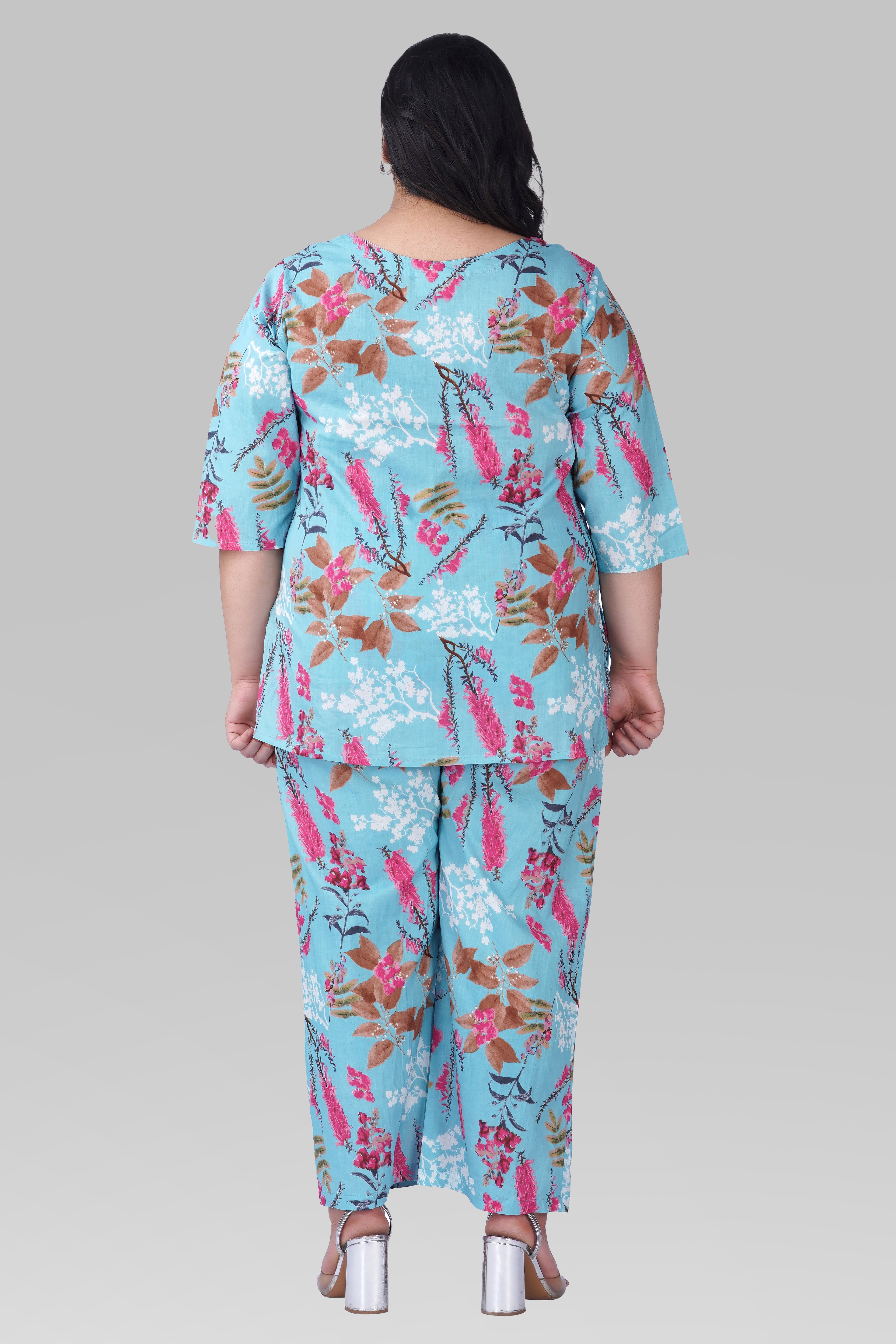 Baby Blue Plus Size Cotton Printed Pyjama Set