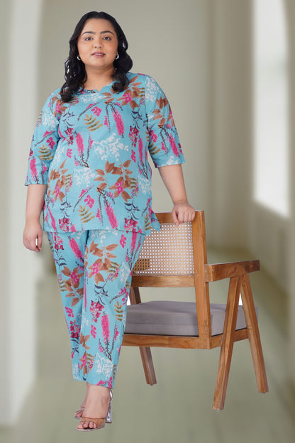 Baby Blue Plus Size Cotton Printed Pyjama Set