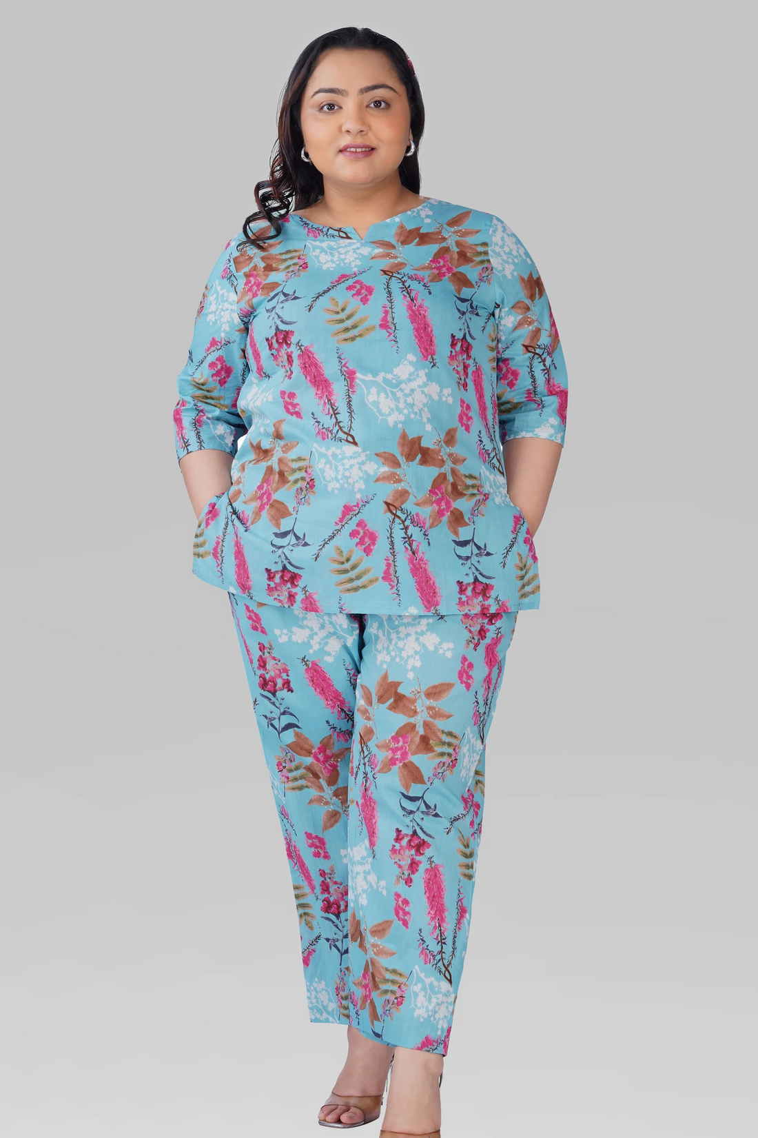 Baby Blue Plus Size Cotton Printed Pyjama Set