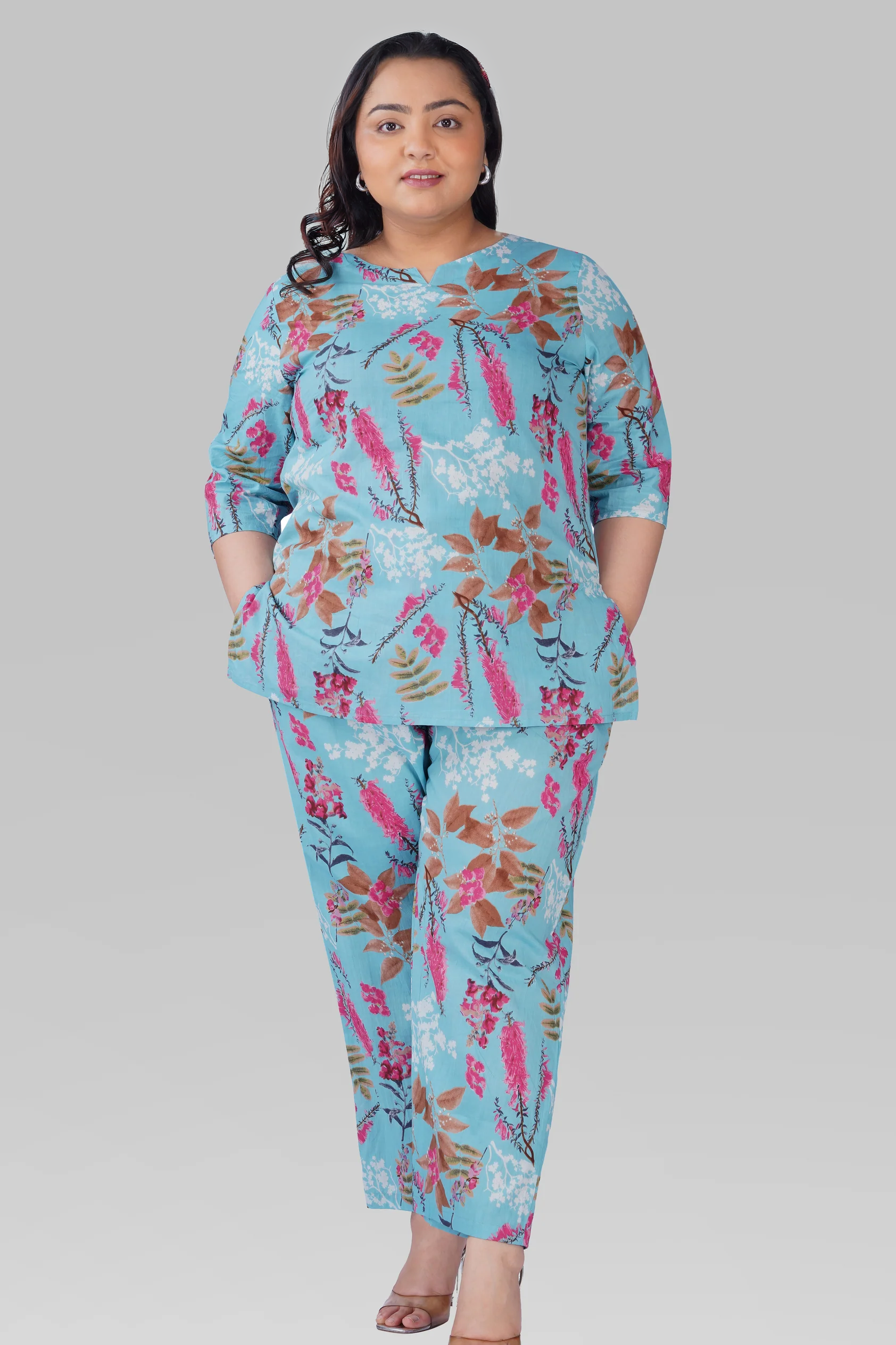 Baby Blue Plus Size Cotton Printed Pyjama Set
