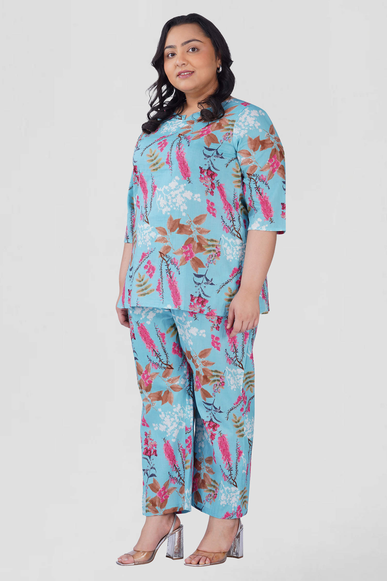 Baby Blue Plus Size Cotton Printed Pyjama Set