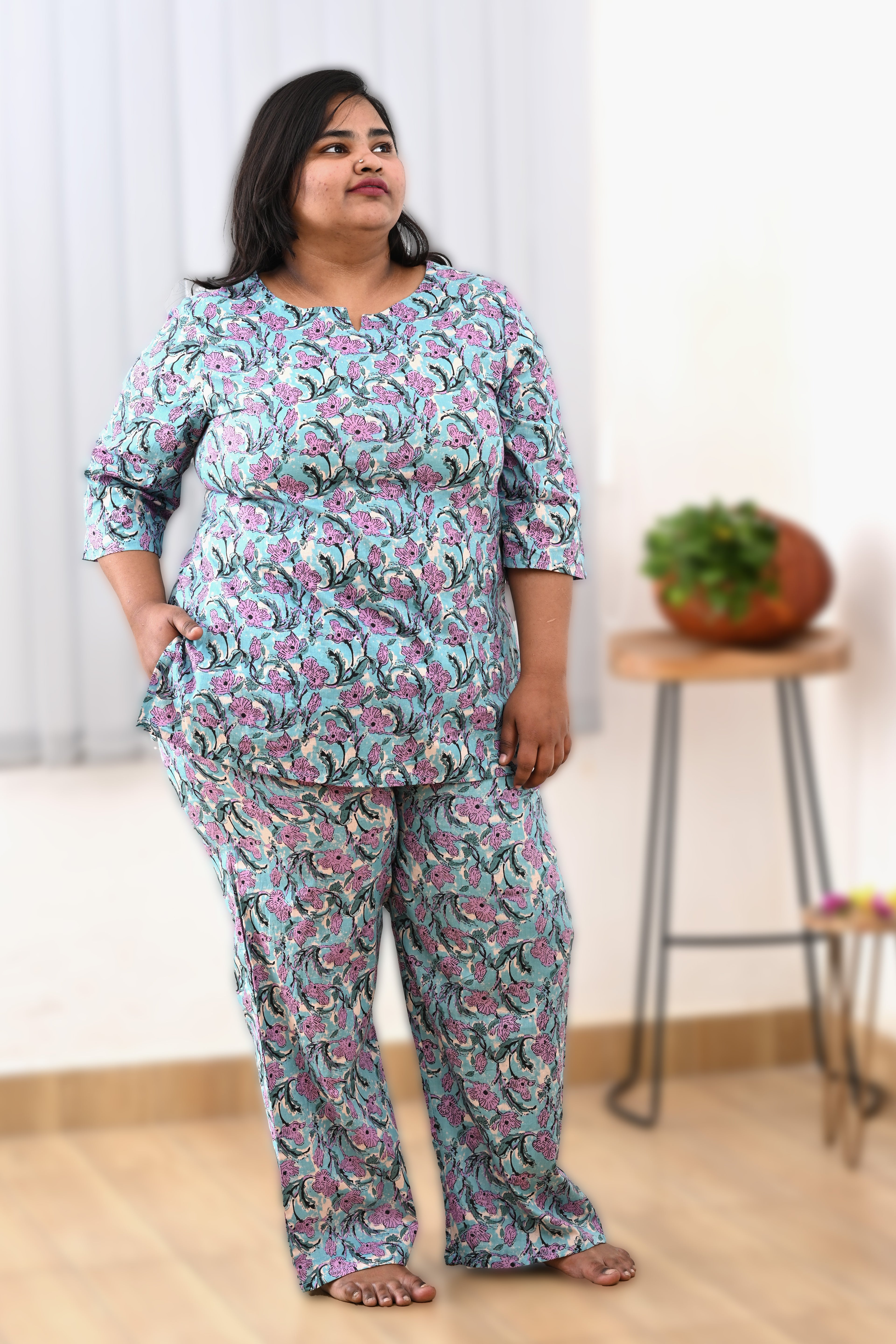 Baby Blue Plus Size Cotton Printed Pyjama Set