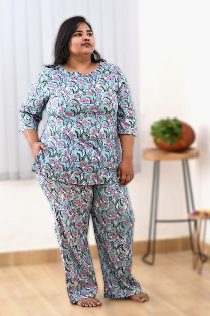 Baby Blue Plus Size Cotton Printed Pyjama Set