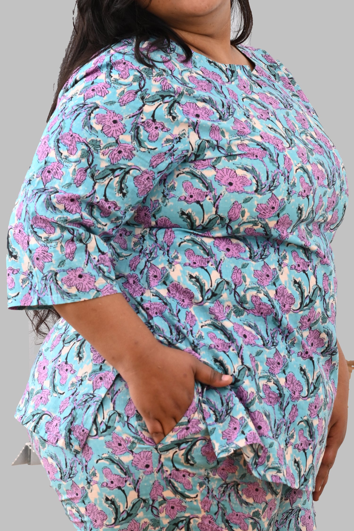 Baby Blue Plus Size Cotton Printed Pyjama Set