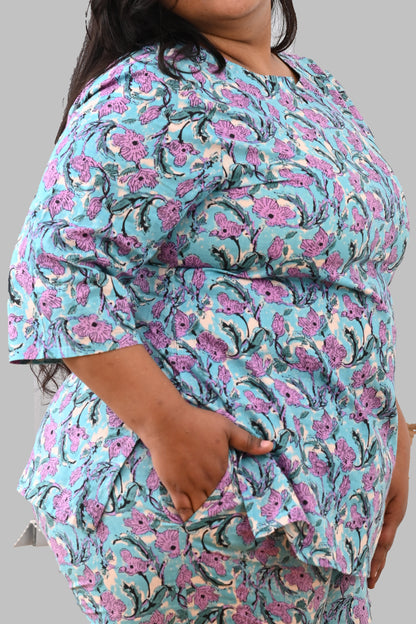 Baby Blue Plus Size Cotton Printed Pyjama Set
