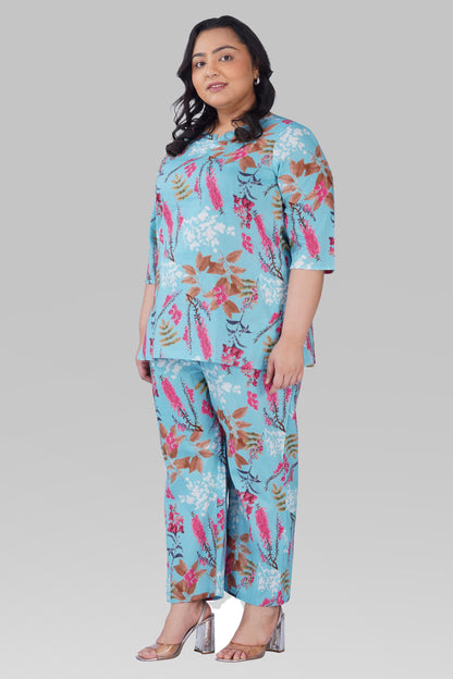 Baby Blue Plus Size Cotton Printed Pyjama Set