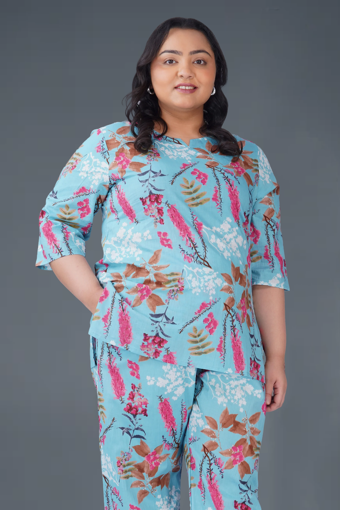 Baby Blue Plus Size Cotton Printed Pyjama Set