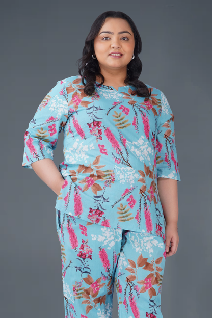Baby Blue Plus Size Cotton Printed Pyjama Set