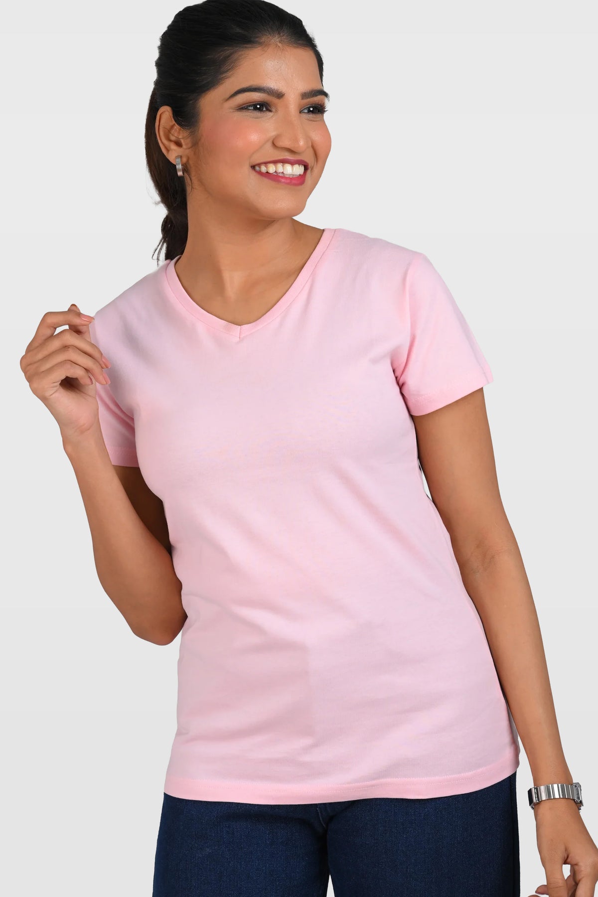 Baby Pink Cotton V Neck T-Shirt