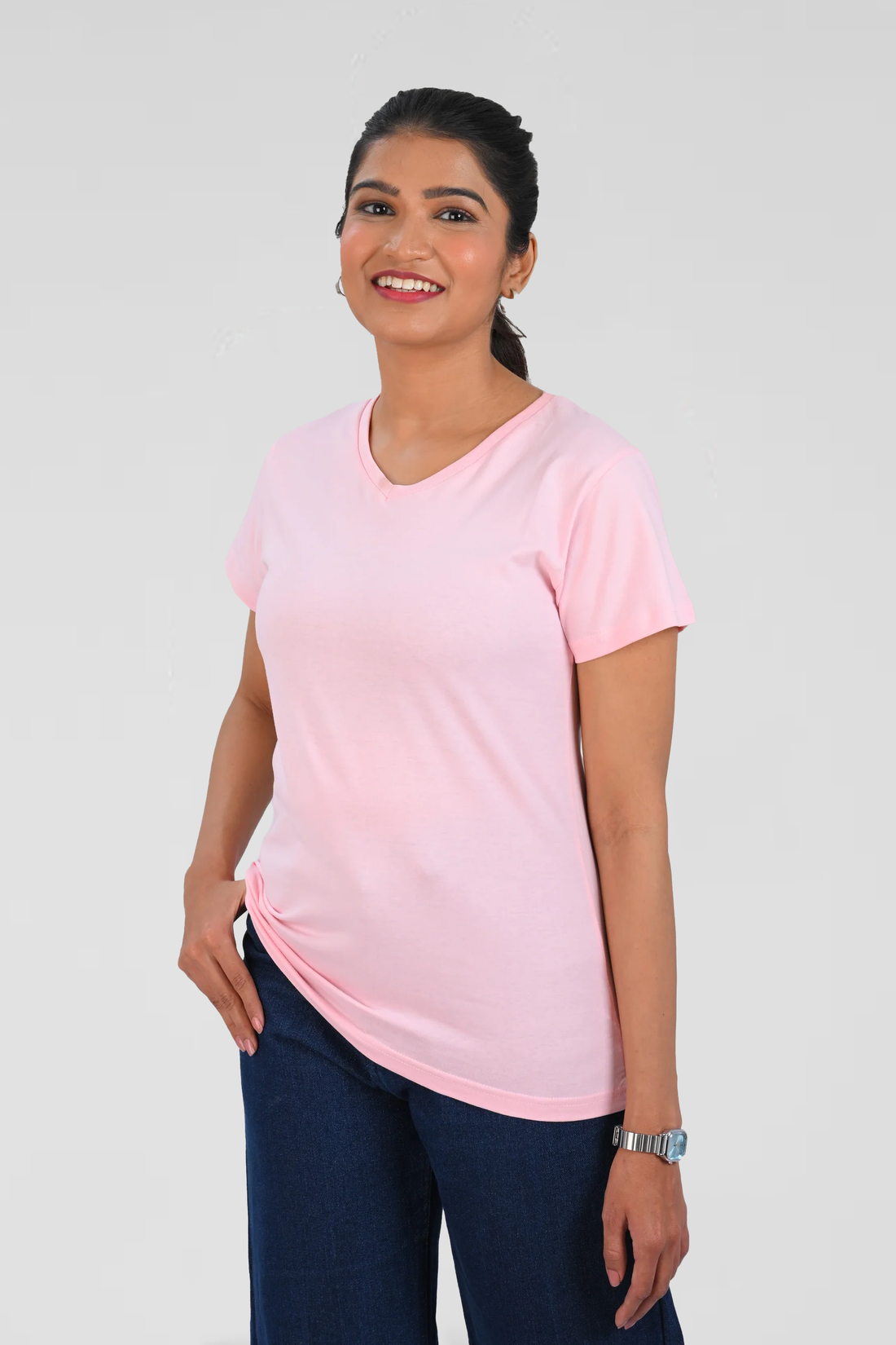 Baby Pink Cotton V Neck T-Shirt