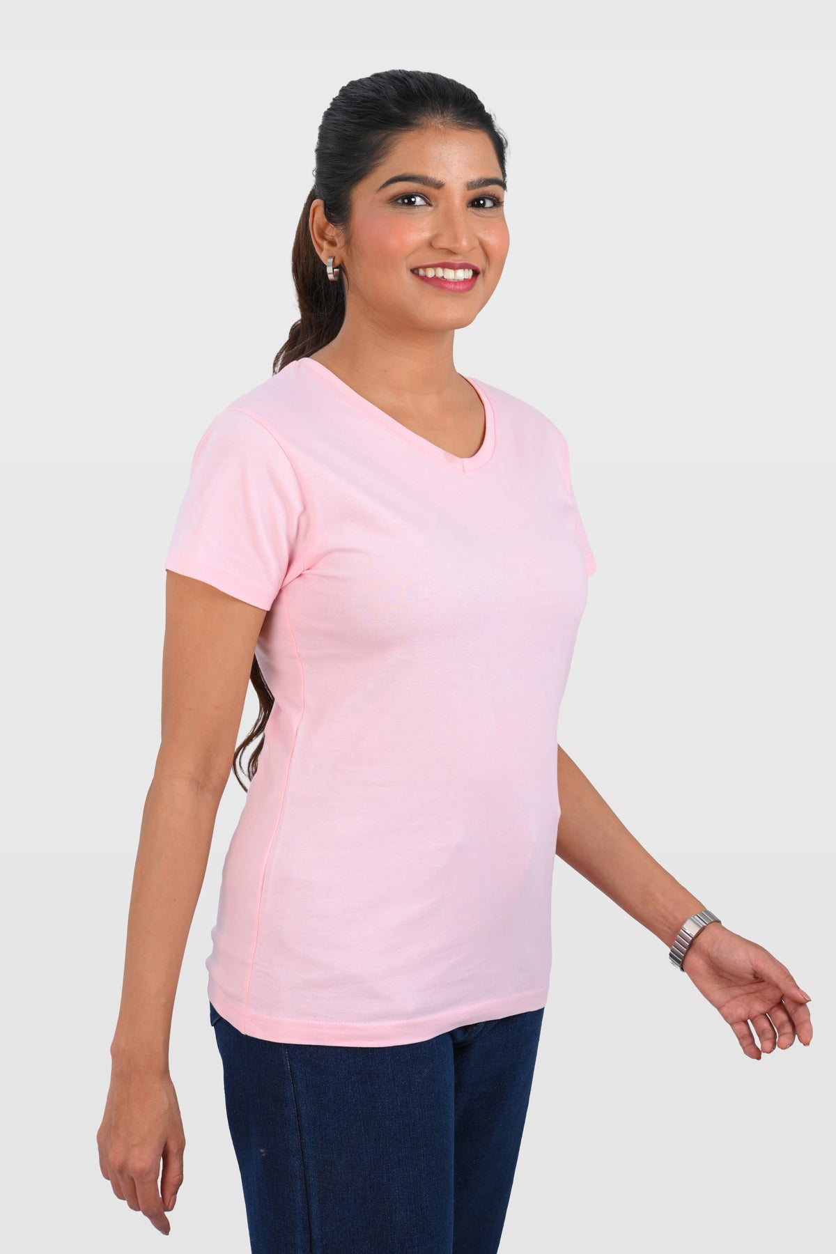 Baby Pink Cotton V Neck T-Shirt