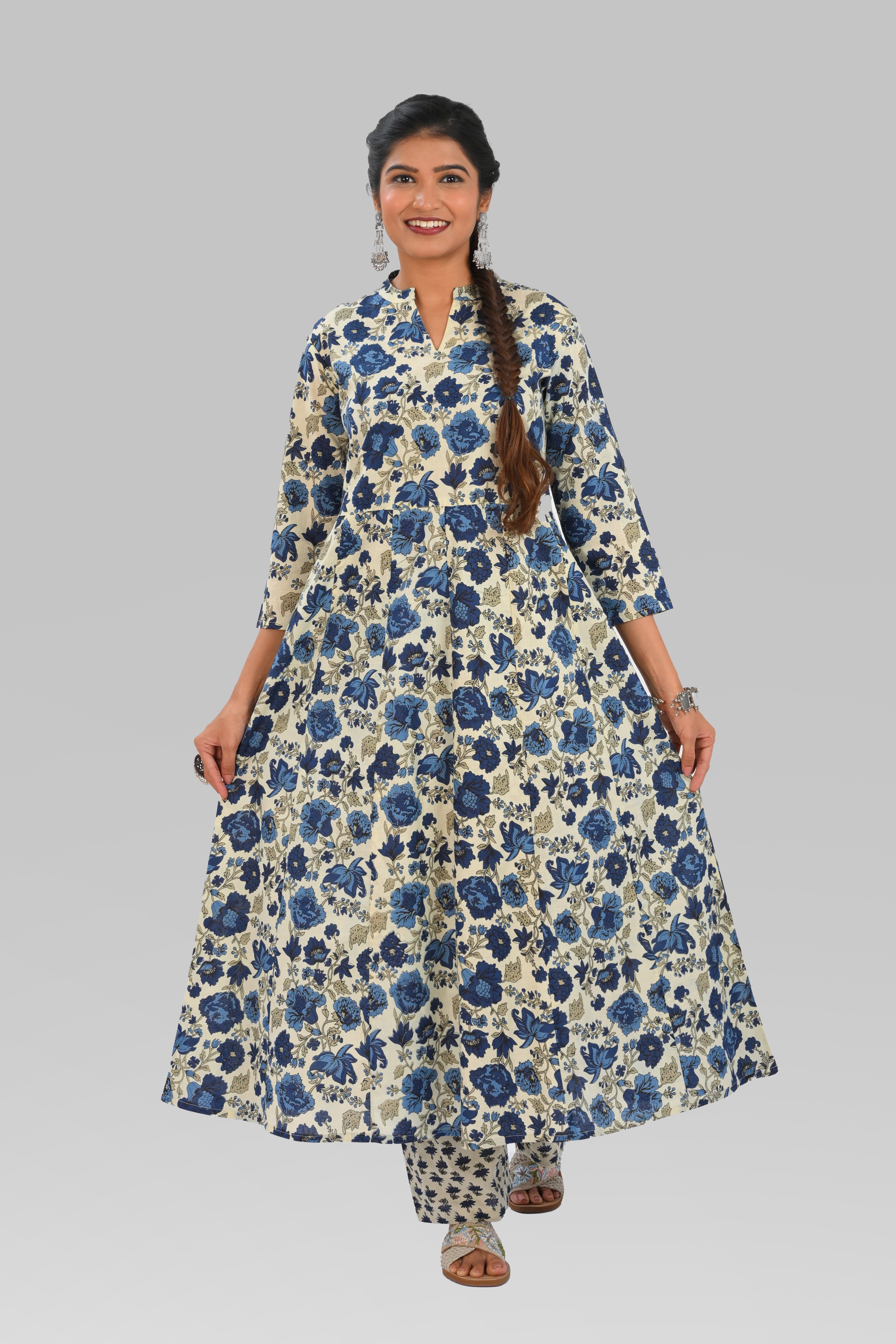 Beige Cotton Printed Kurta Set