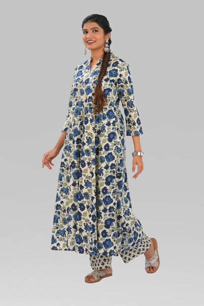 Beige Cotton Printed Kurta Set