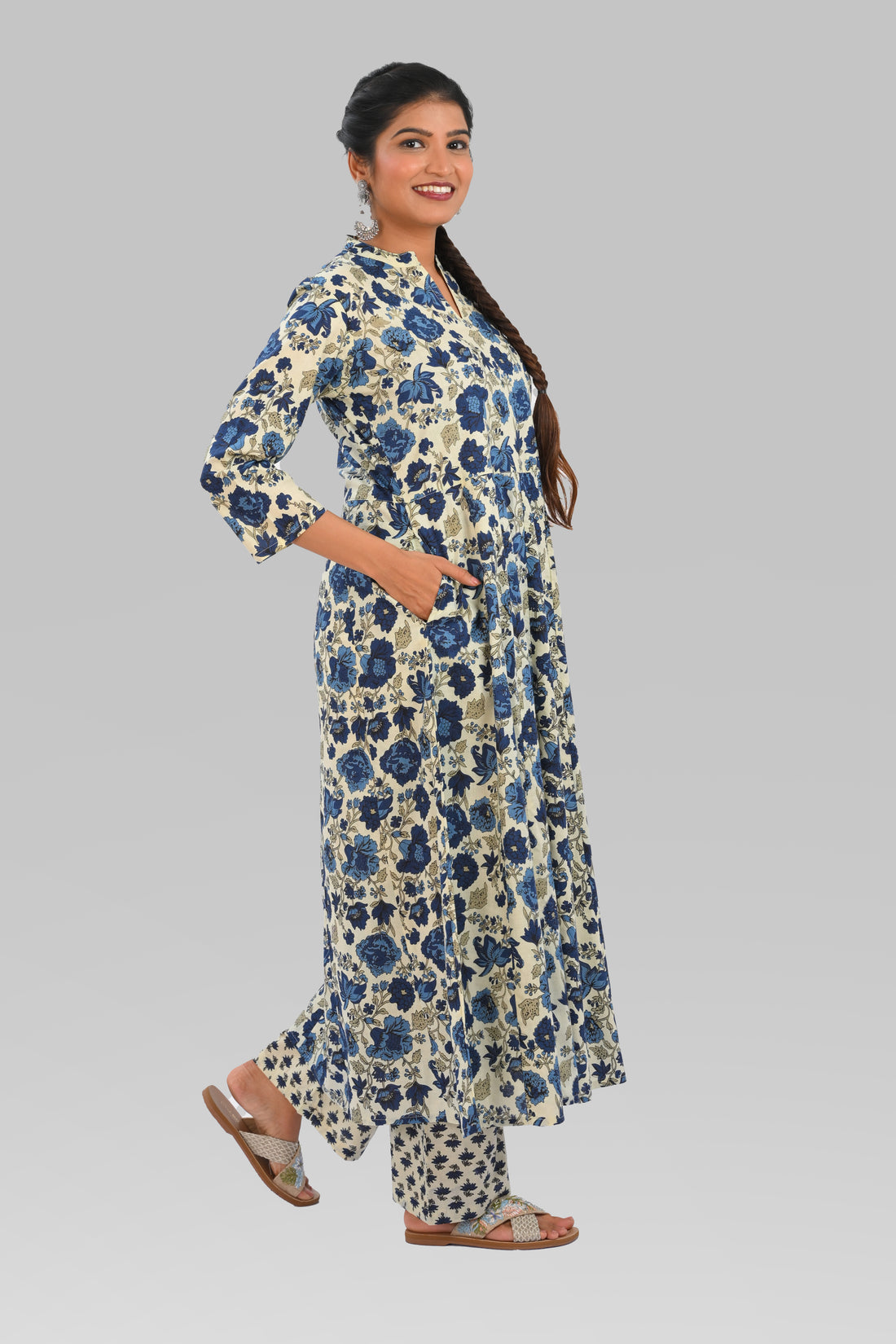 Beige Cotton Printed Kurta Set