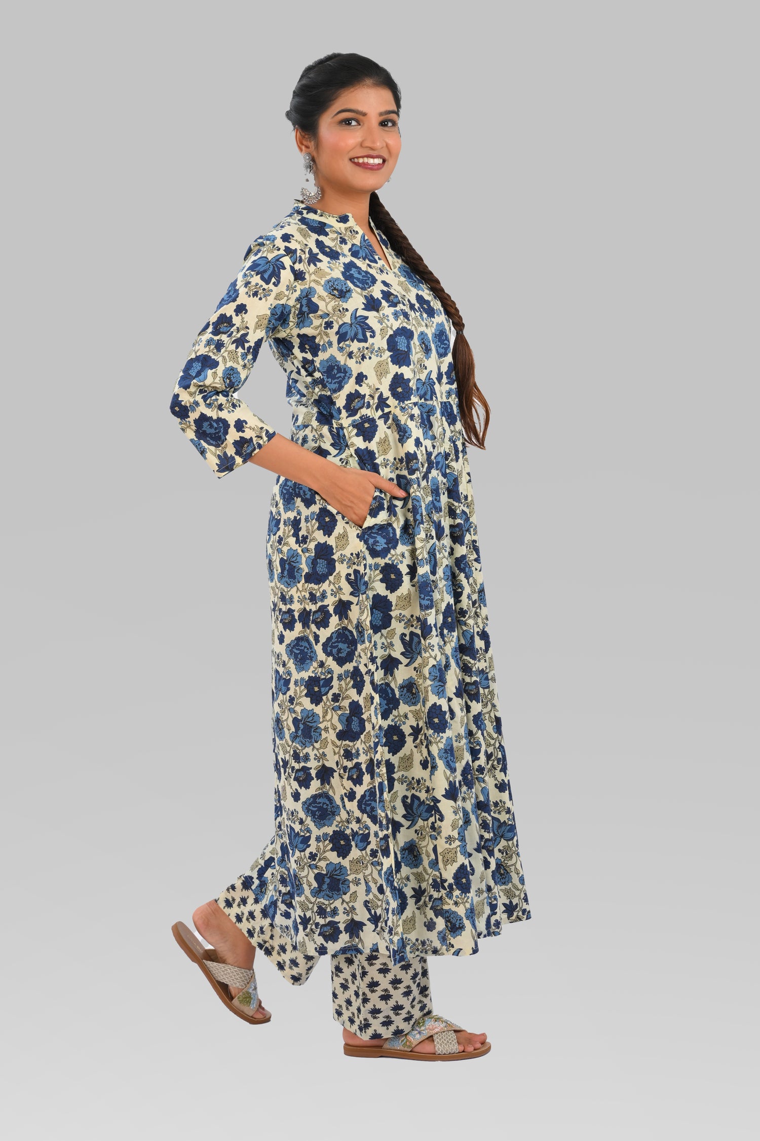 Beige Cotton Printed Kurta Set