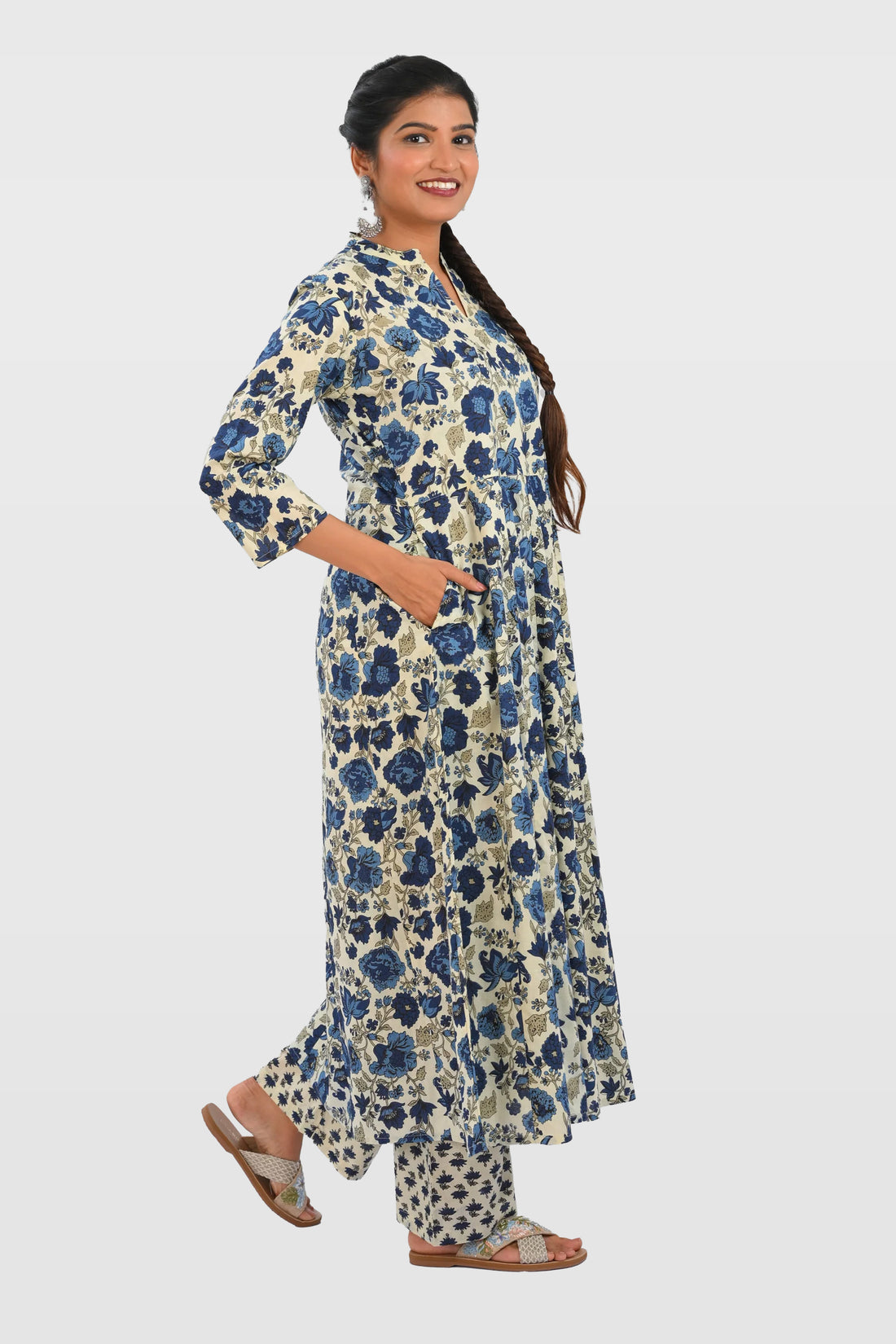 Beige Cotton Printed Kurta Set