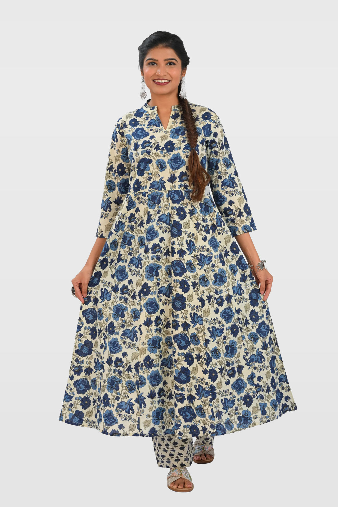Beige Cotton Printed Kurta Set