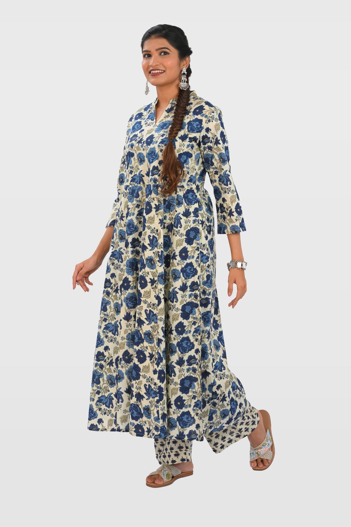 Beige Cotton Printed Kurta Set
