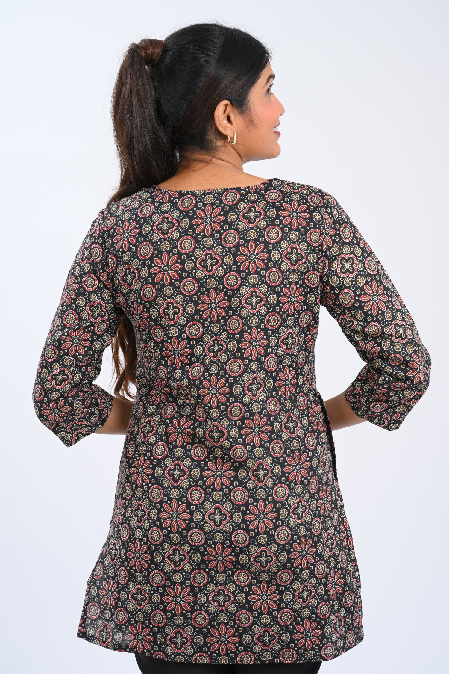 Black Cotton Printed Short Kurti