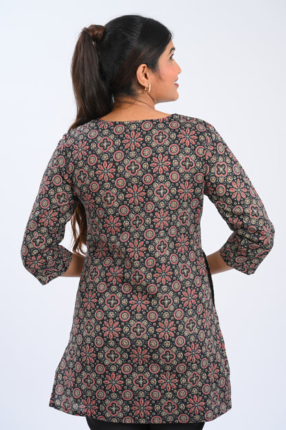 Black Cotton Printed Short Kurti