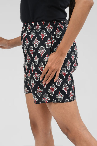 Black Cotton Printed Shorts