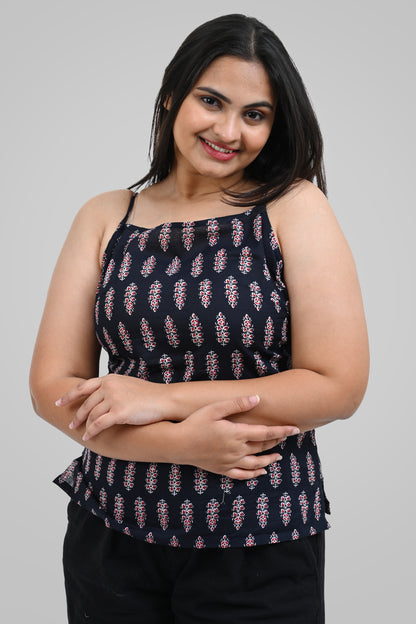Black Cotton Printed Strap Top