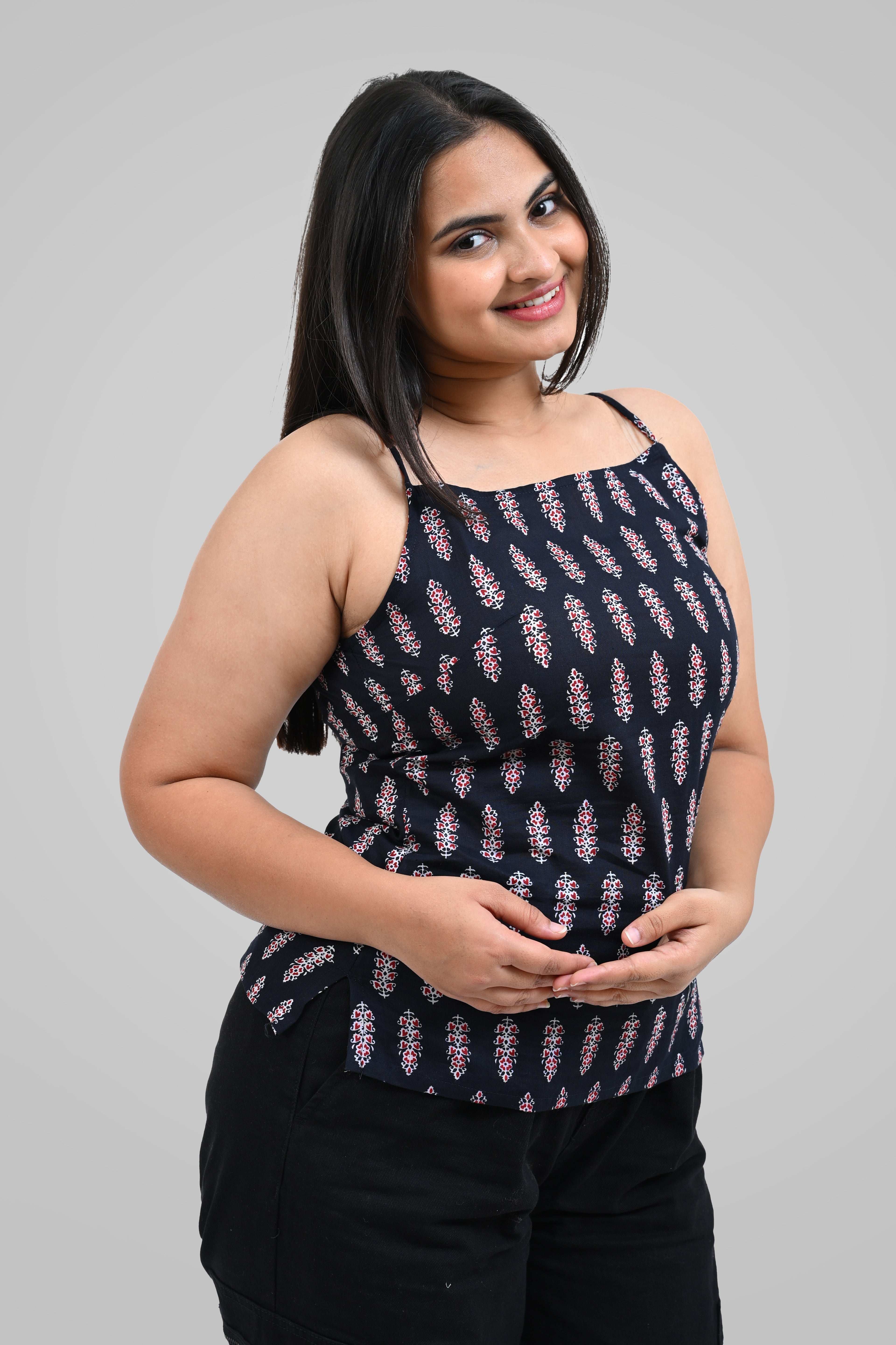 Black Cotton Printed Strap Top