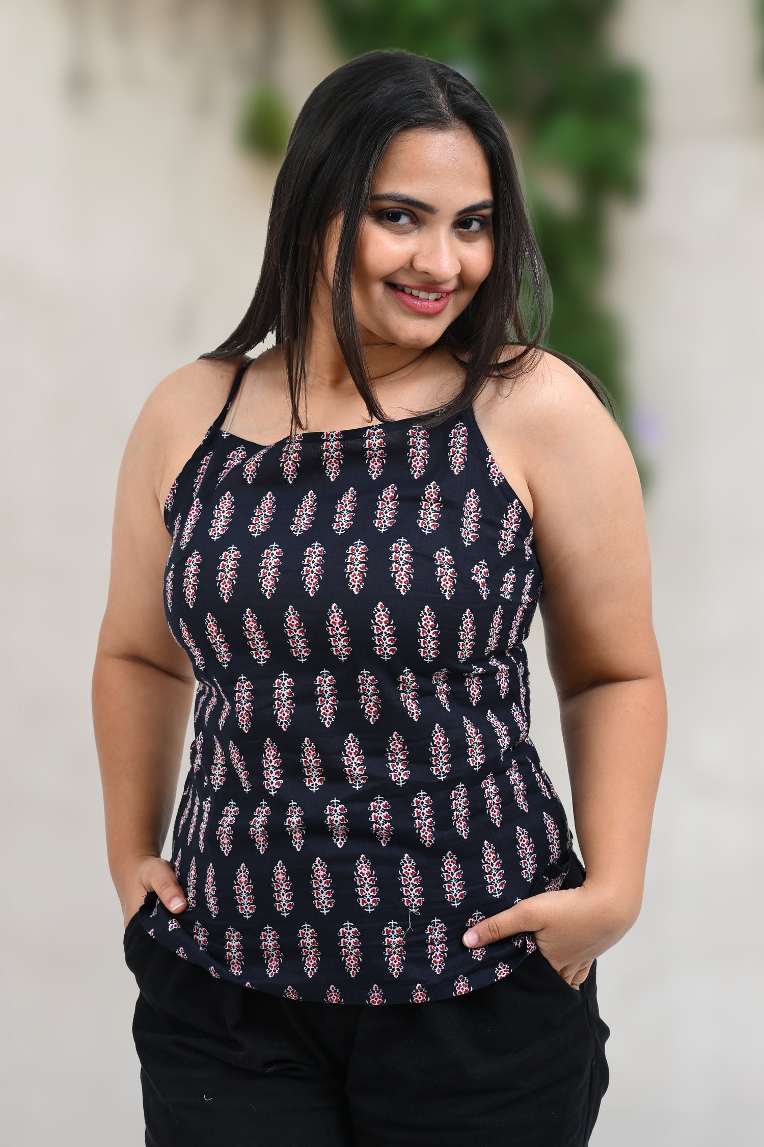 Black Cotton Printed Strap Top