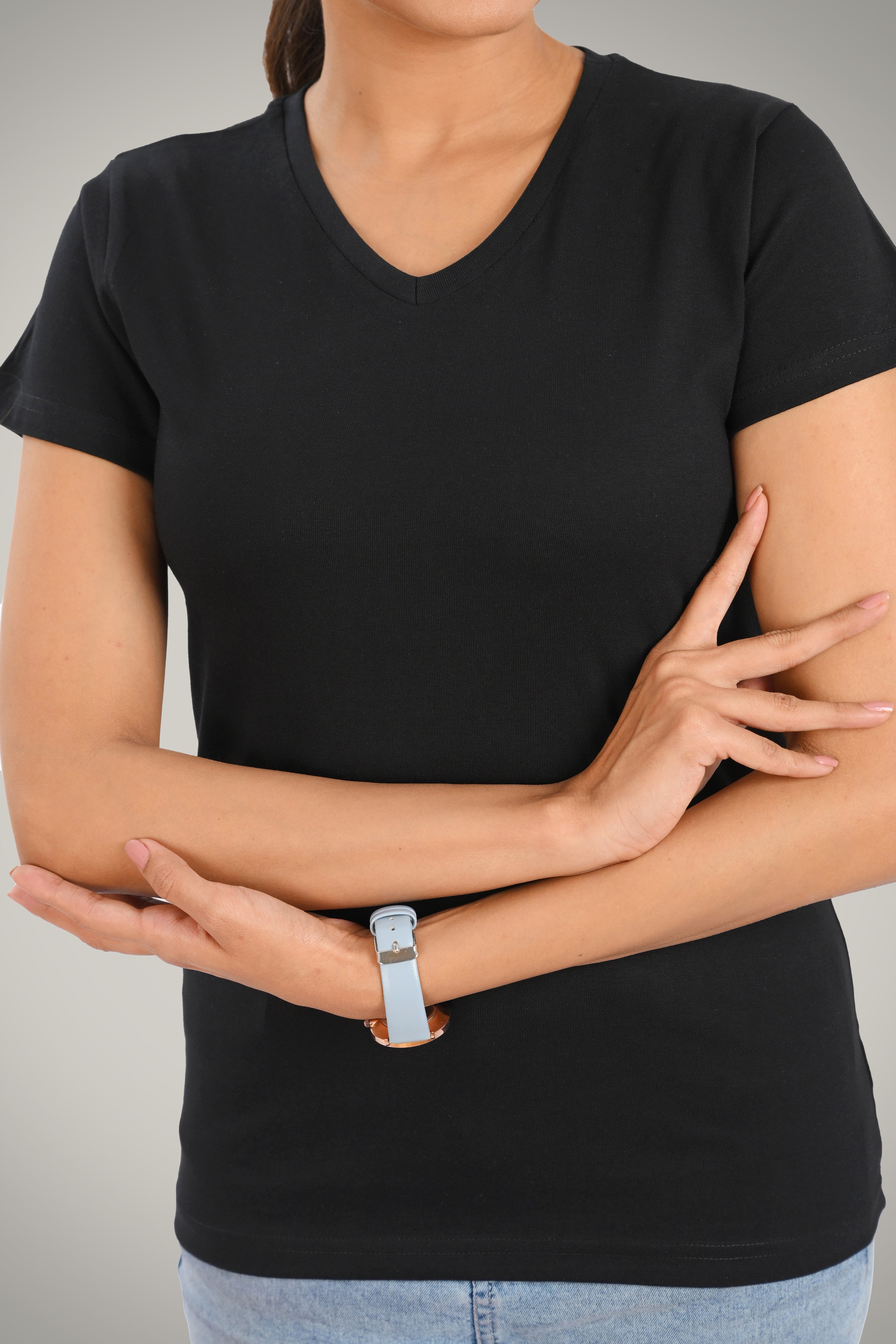 Black Cotton V Neck T-Shirt