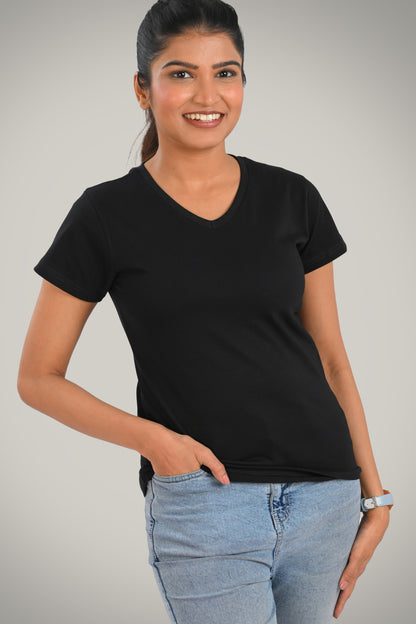 Black Cotton V Neck T-Shirt