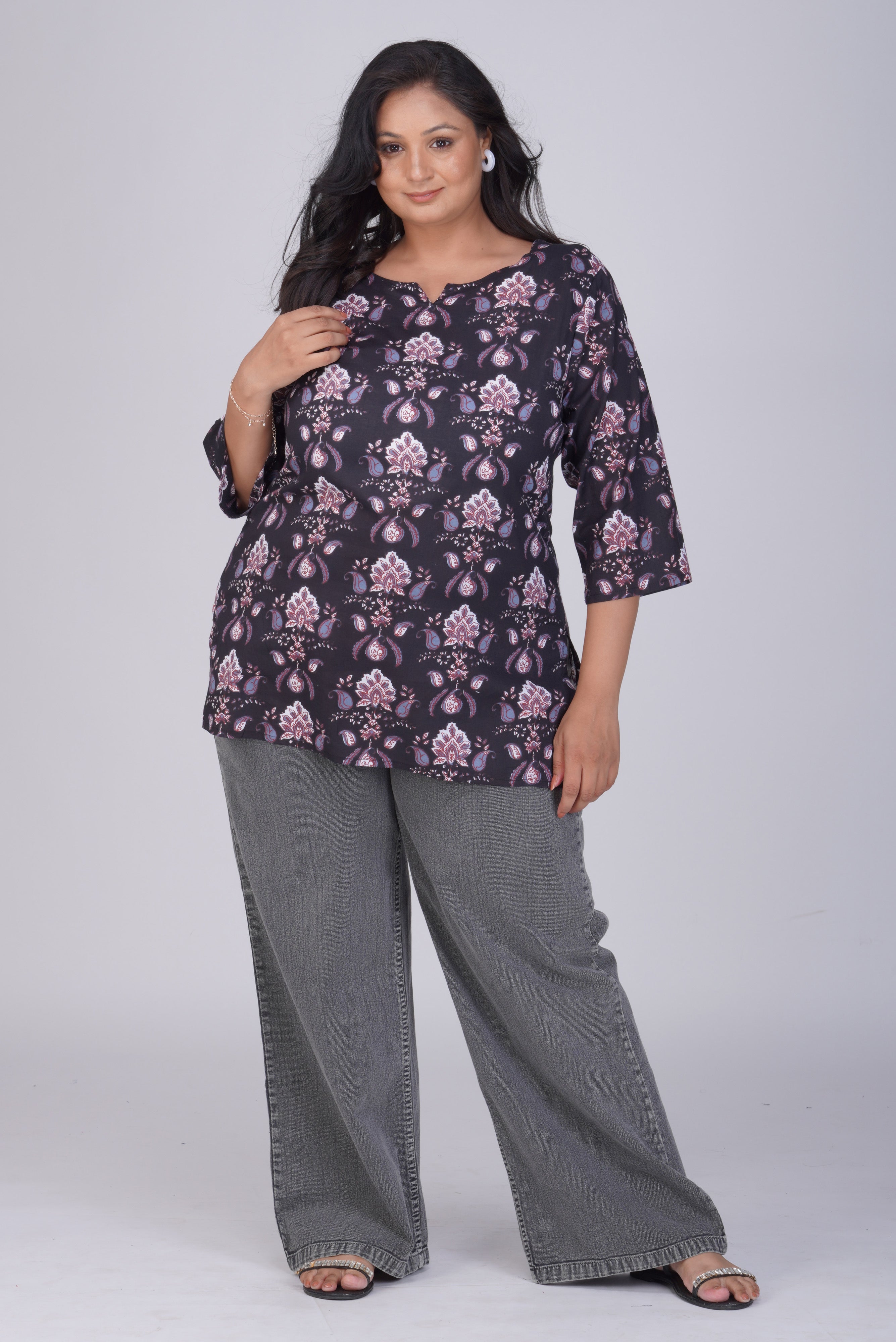 Black Plus Size Cotton Printed Kurti
