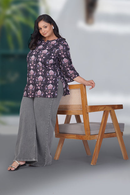 Black Plus Size Cotton Printed Kurti
