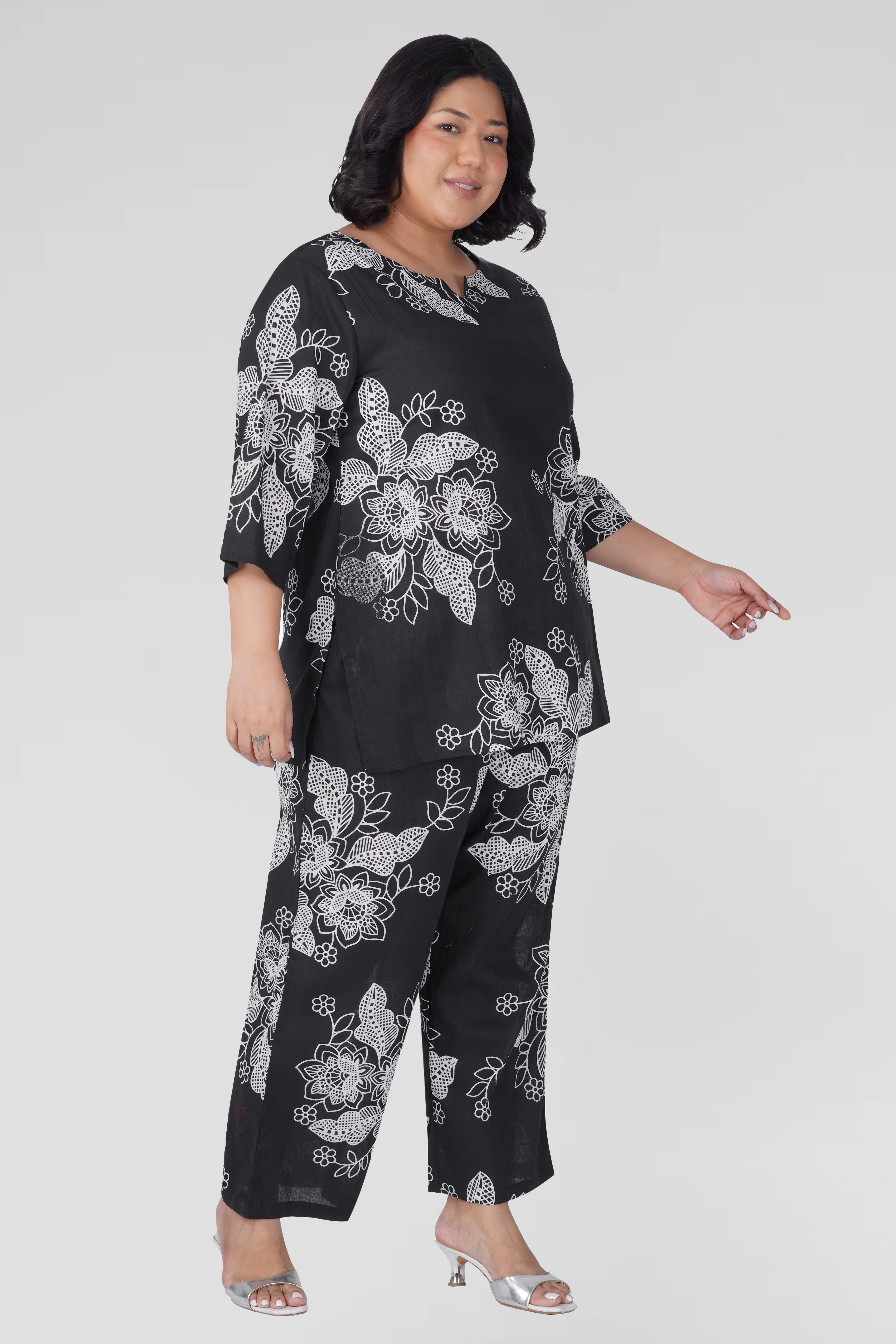 Black Plus Size Cotton Printed Pyjama Set