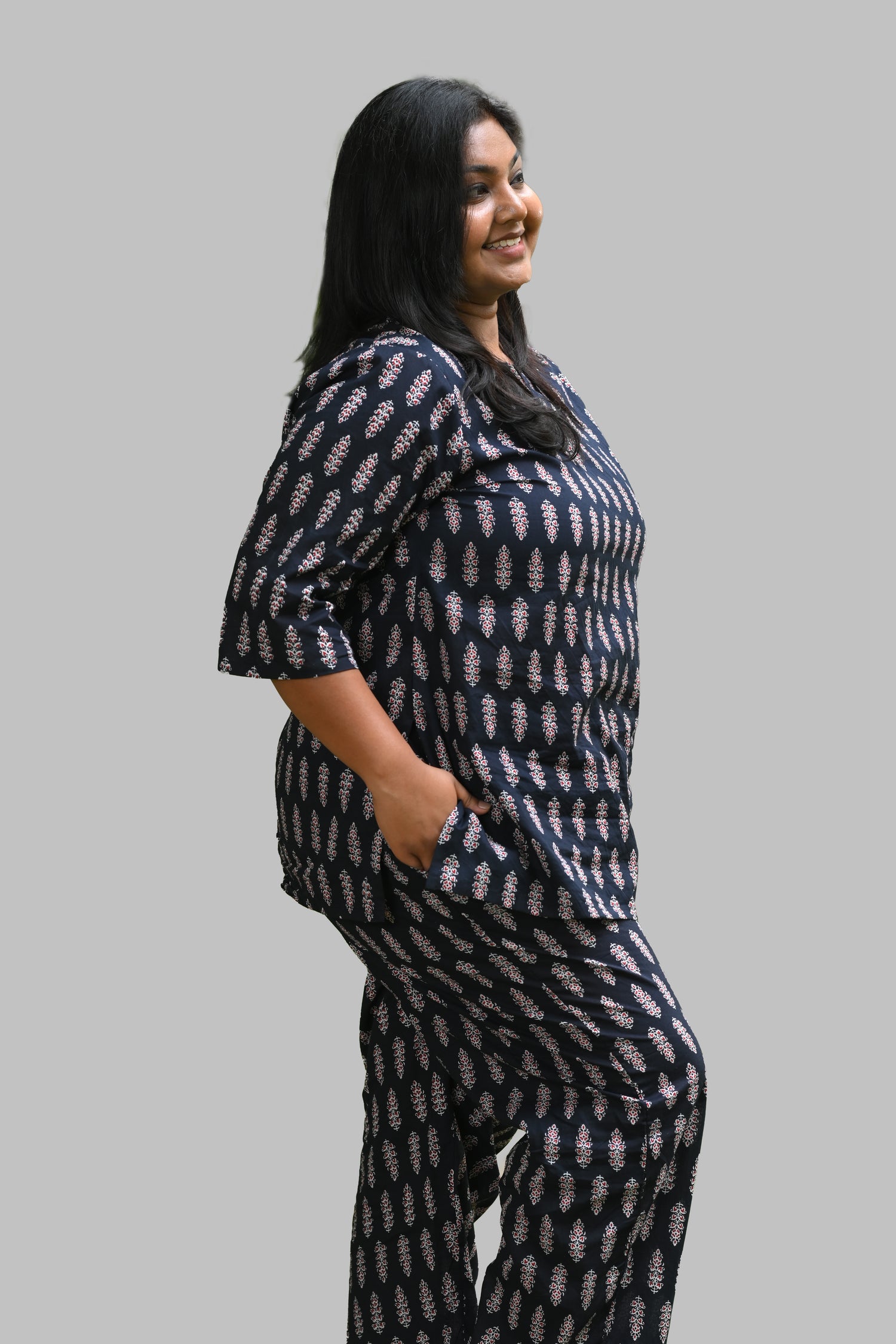 Black Plus Size Cotton Printed Pyjama Set