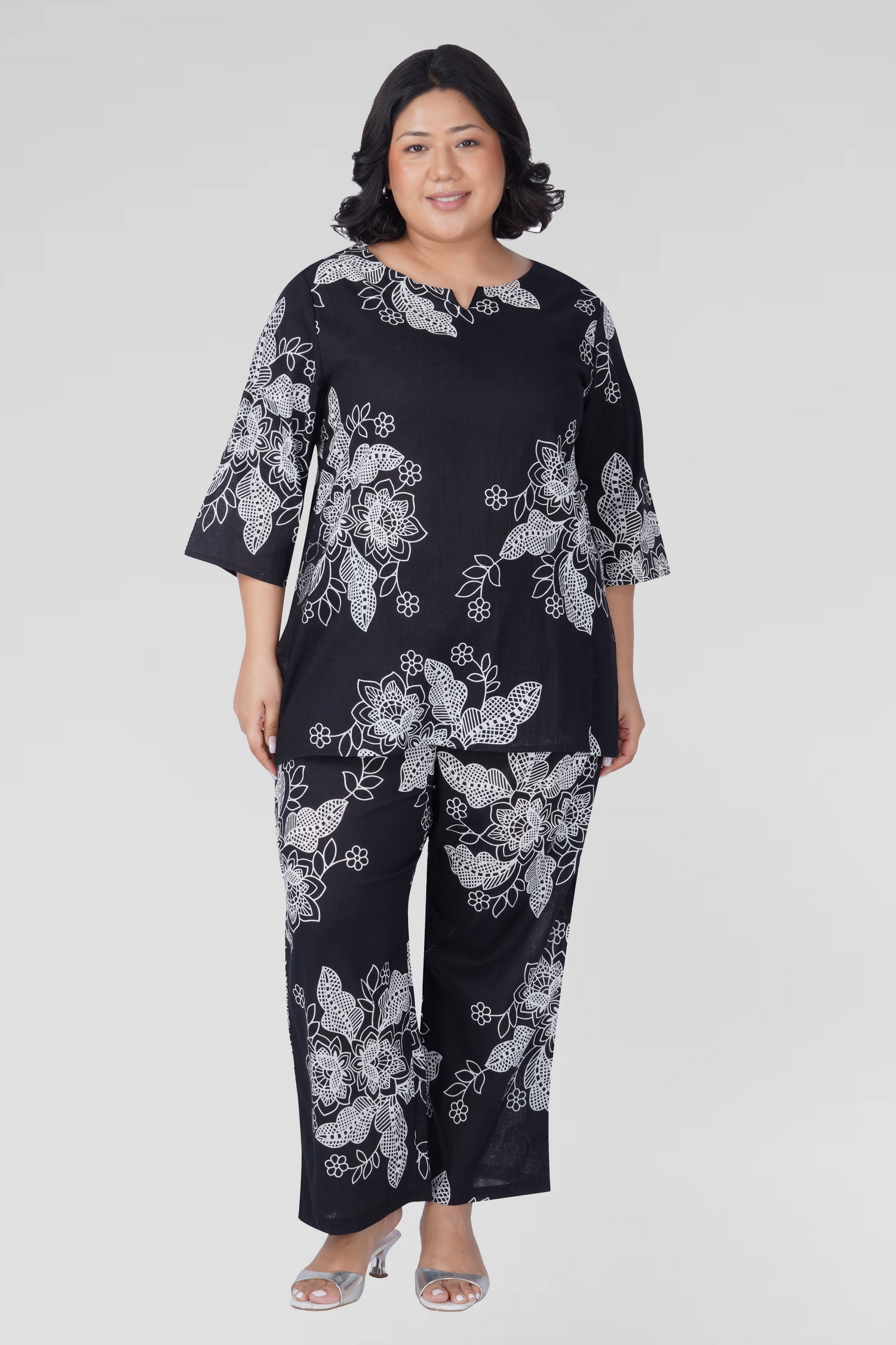 Black Plus Size Cotton Printed Pyjama Set