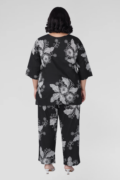 Black Plus Size Cotton Printed Pyjama Set