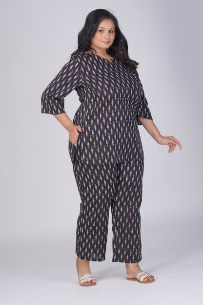 Black Plus Size Cotton Printed Pyjama Set