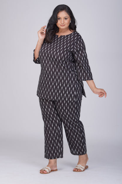 Black Plus Size Cotton Printed Pyjama Set
