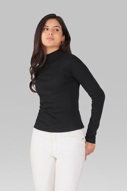 Black Ribbed Mock Neck Long Sleeve Top