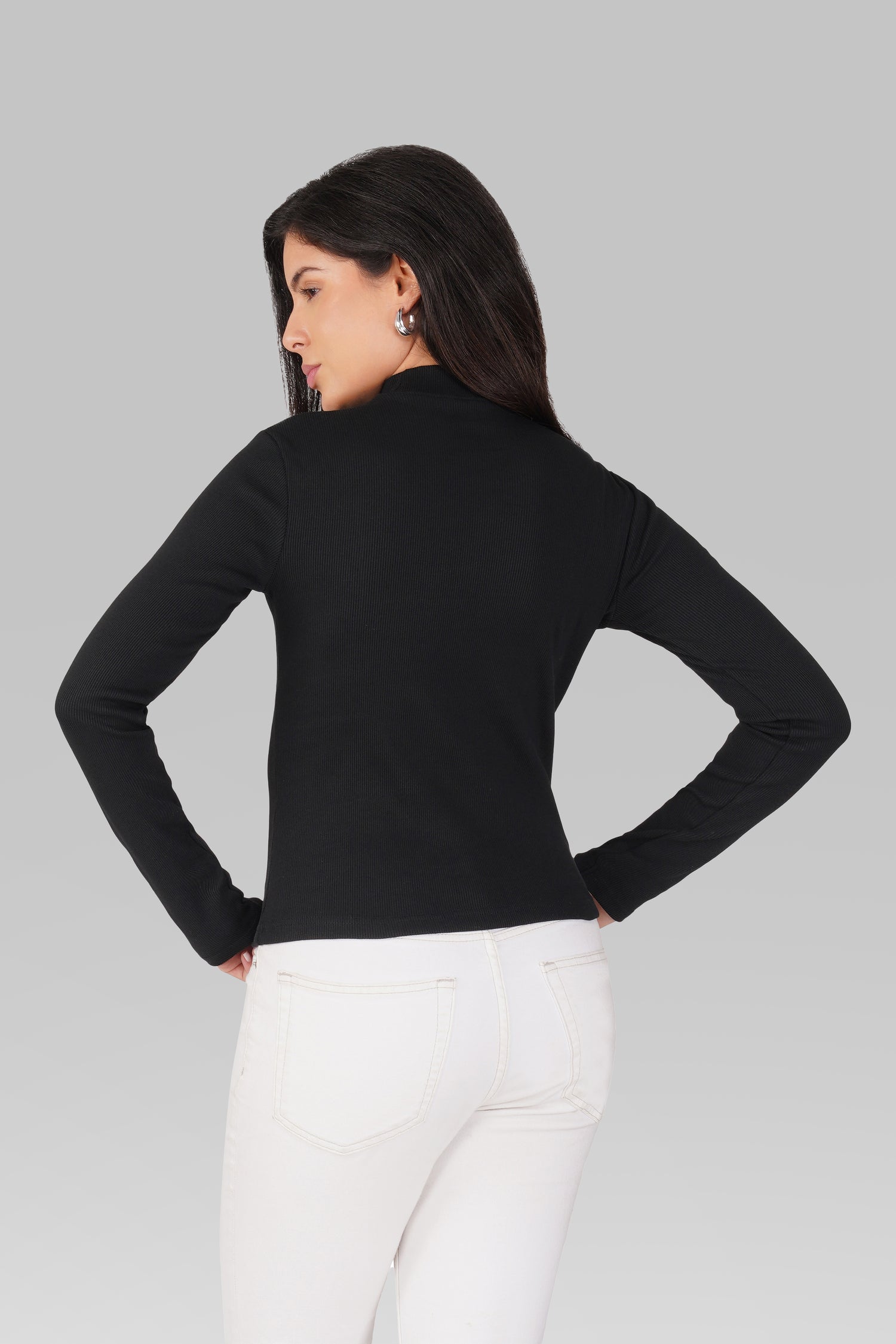 Black Ribbed Mock Neck Long Sleeve Top