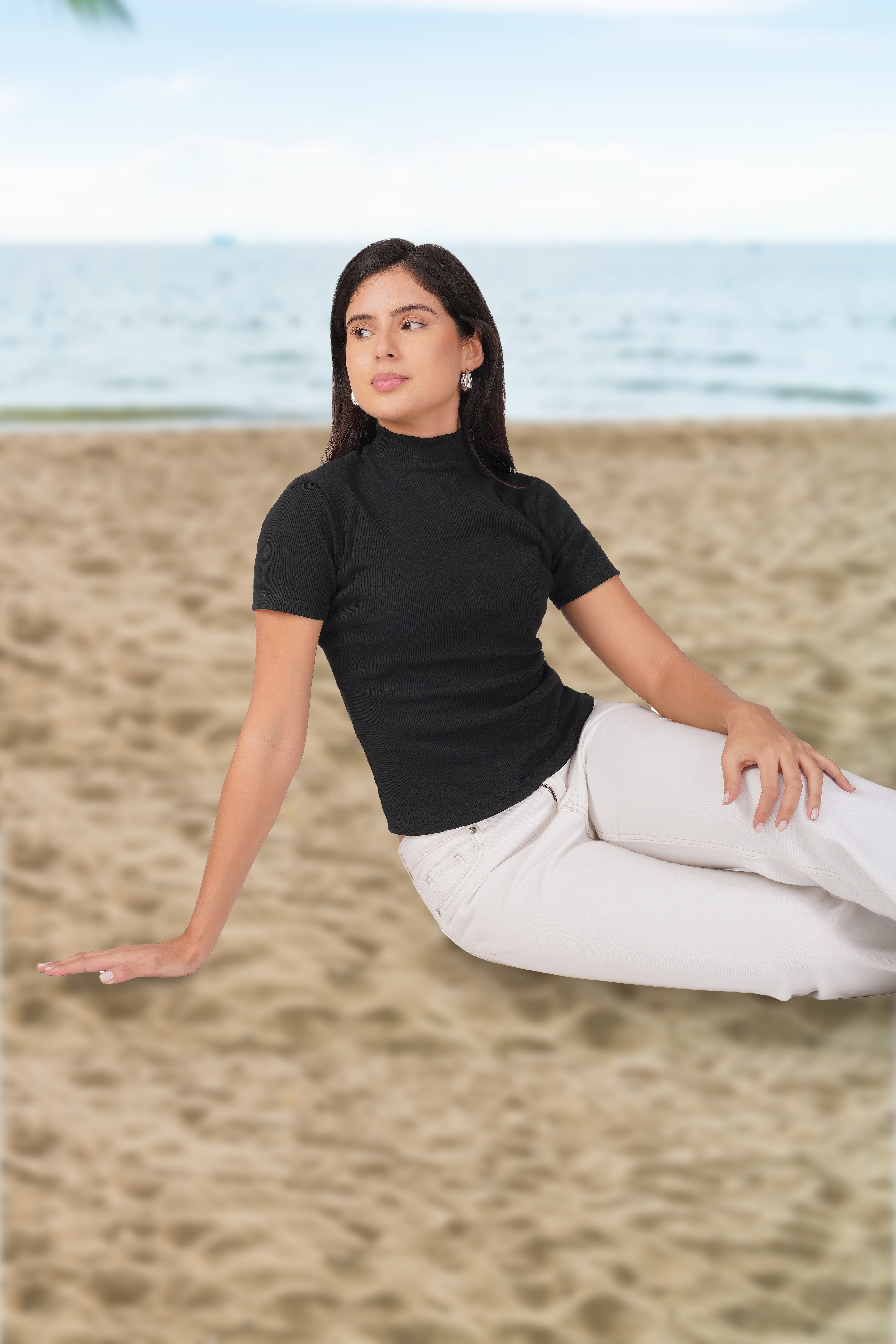 Black Ribbed Mock Neck Short Sleeve Top