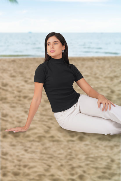 Black Ribbed Mock Neck Short Sleeve Top