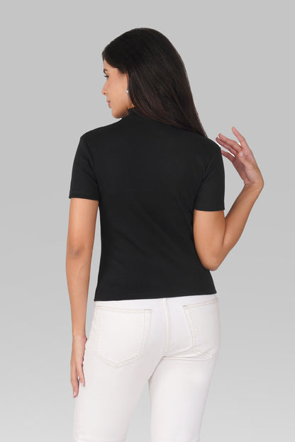 Black Ribbed Mock Neck Short Sleeve Top