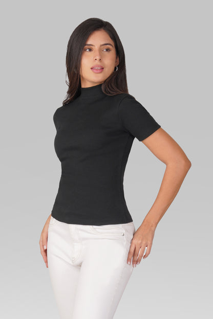 Black Ribbed Mock Neck Short Sleeve Top