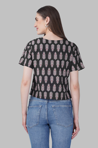 Black V Neck Cotton Printed Top