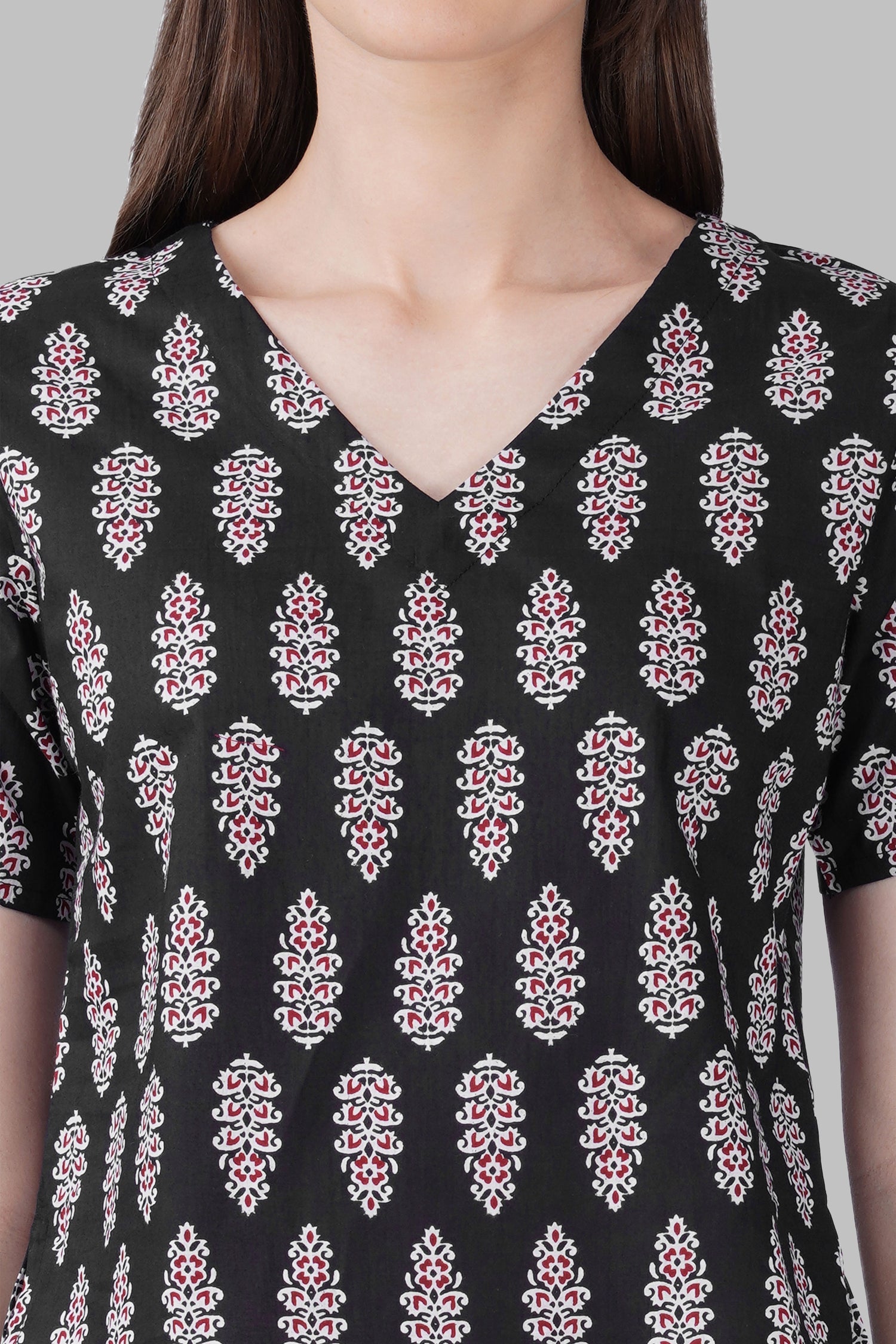 Black V Neck Cotton Printed Top