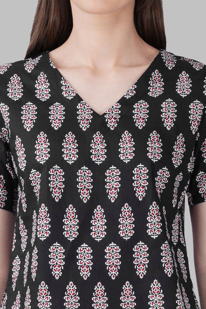 Black V Neck Cotton Printed Top