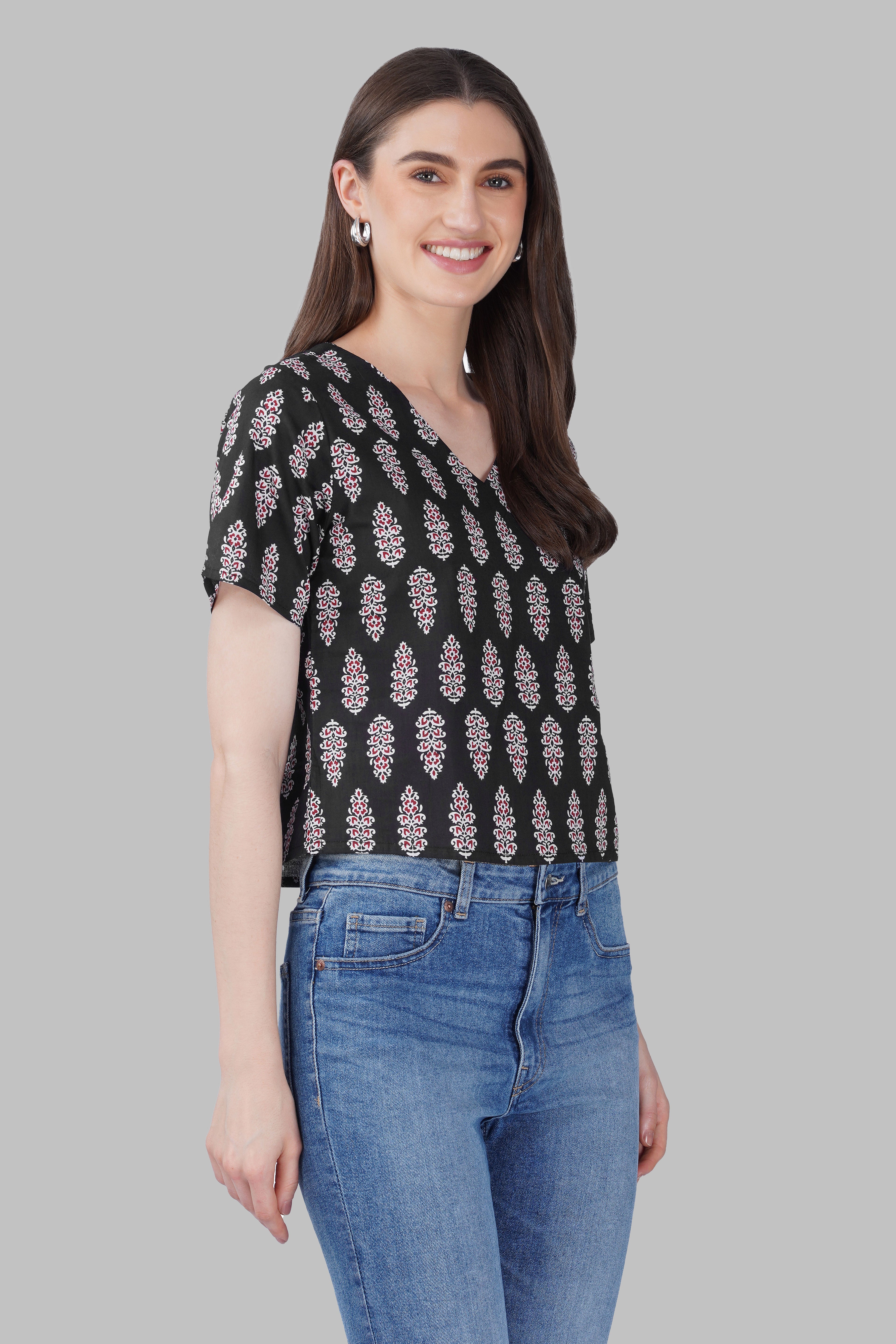 Black V Neck Cotton Printed Top